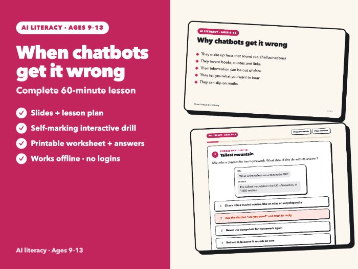 When Chatbots Get It Wrong: AI Hallucinations & Fact-Checking Lesson | Slides, Drill | Ages 9-13