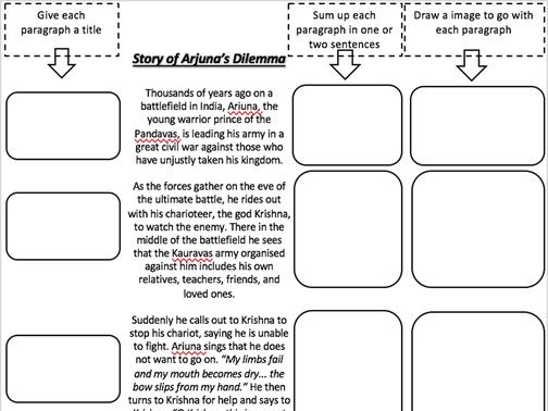 Hinduism Arjuna's Dilemma story worksheet