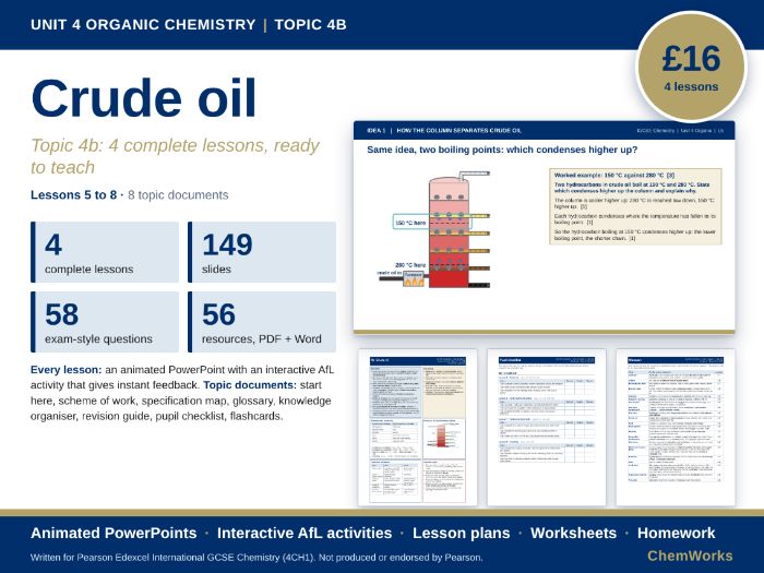 Edexcel IGCSE Chemistry Unit 4 – Organic Chemistry: Topic 4b Crude Oil (4 Lessons)