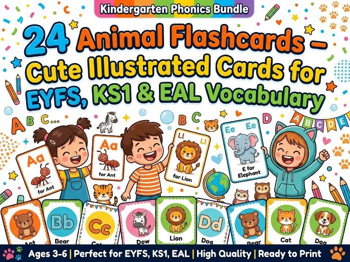 24 Animal Flashcards – Cute Illustrated Cards for EYFS, KS1 & EAL Vocabulary