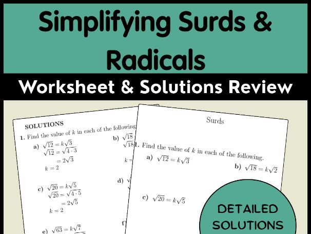 Simplifying Surds & Radicals Worksheet & Solutions Review