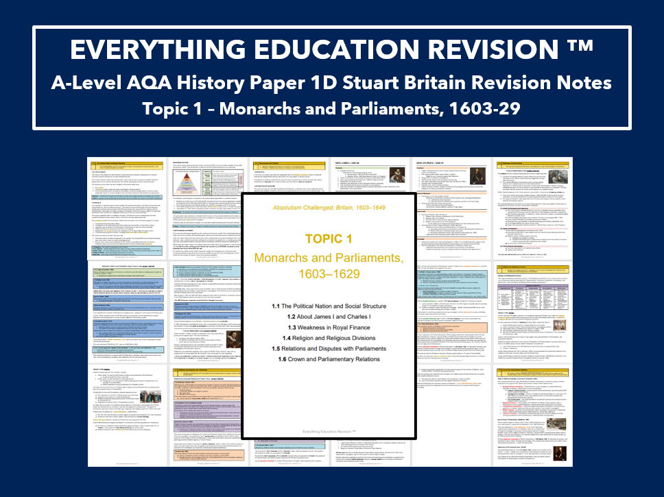 A-Level AQA History Revision Notes for Paper 1D Topic 1 – Monarchs and Parliaments, 1603-29