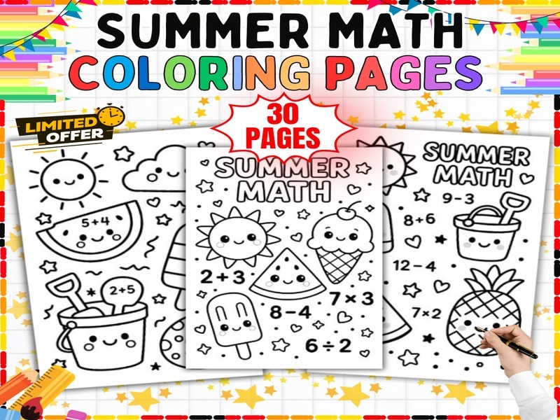 Summer Math Coloring Pages | 30 Printable Addition Subtraction Sheets for Kids