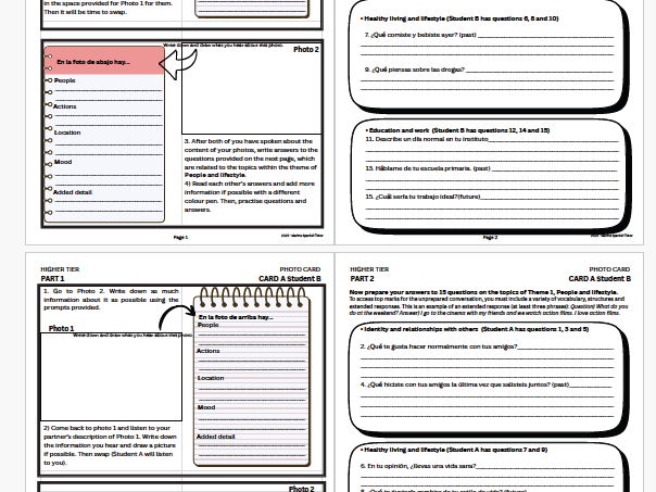 New GCSE Spanish Speaking - FREE SAMPLE - Photo cards and Worksheets FOUNDATION AND HIGHER