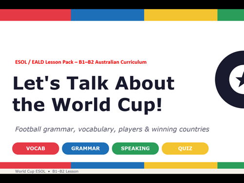 World Cup ESOL / EALD Lesson Pack – B1–B2 | Vocabulary, Past Simple, Speaking & Quiz | Australian Cu