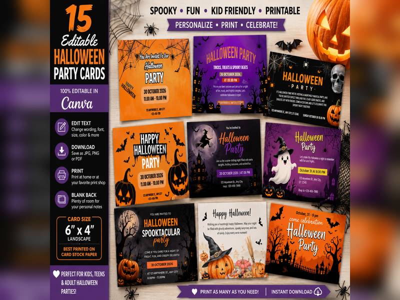 15 Editable Halloween Classroom Party Invitations & Celebration Cards | Canva Templates for School