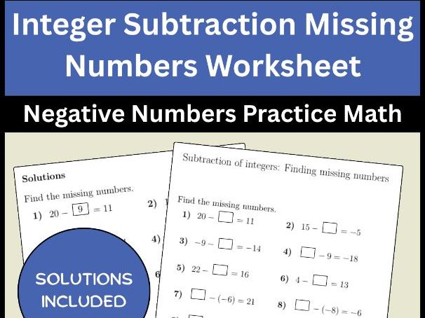 Integer Subtraction Missing Numbers Worksheet Negative Numbers Practice Math