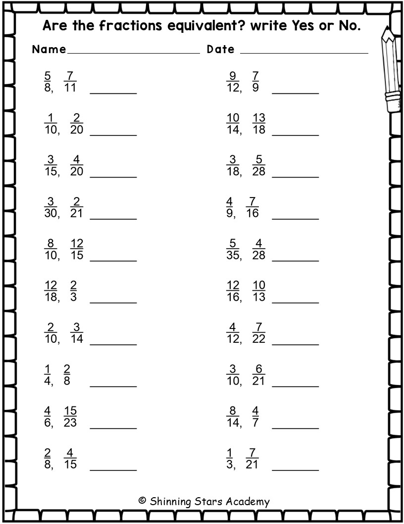 Equivalent Fractions – Are the Fractions Equivalent? Write Yes or No ...