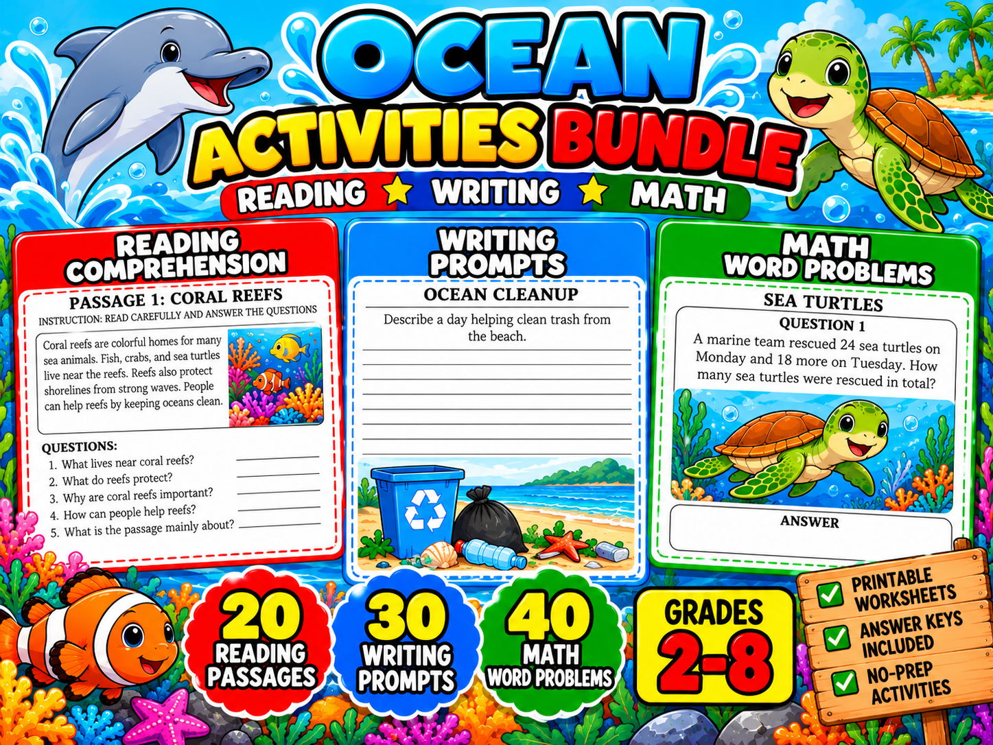 Ocean Activities Bundle | Reading Comprehension, Writing Prompts and Math Worksheets