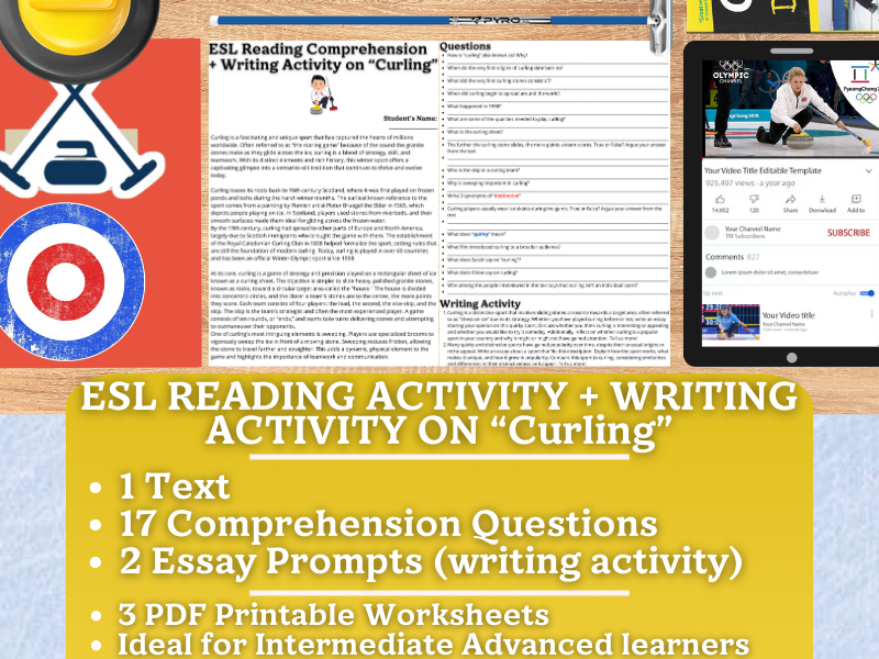ESL Reading Comprehension + Writing Activity Worksheets on Curling