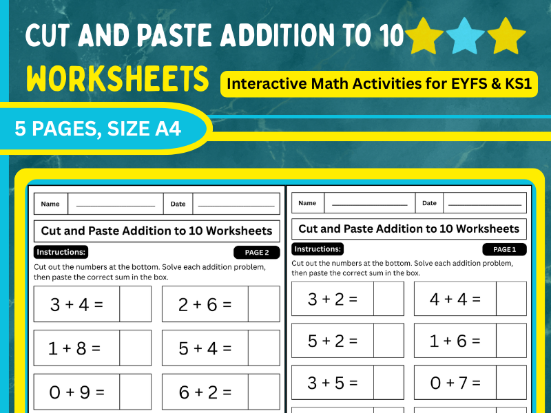 Cut and Paste Addition to 10 Worksheets | Math Activities for EYFS & KS1