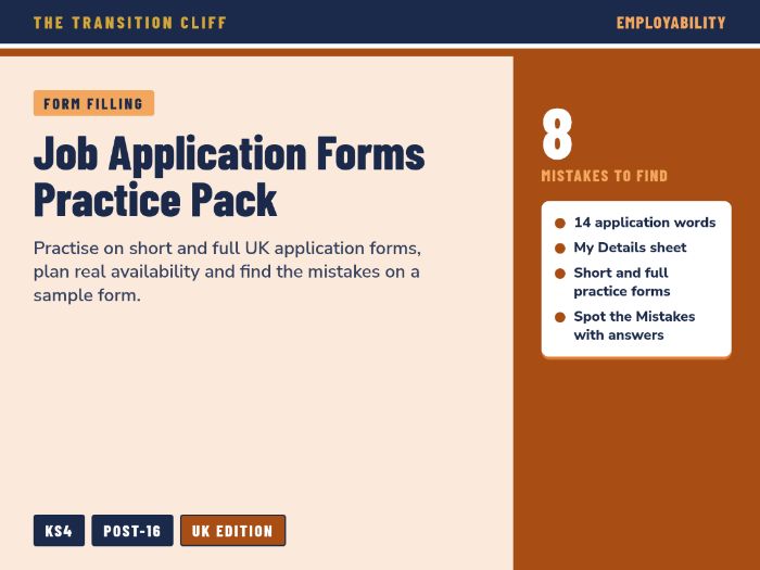 Job Application Forms Practice Pack: Fill In Forms and Spot the Mistake for SEND (UK)