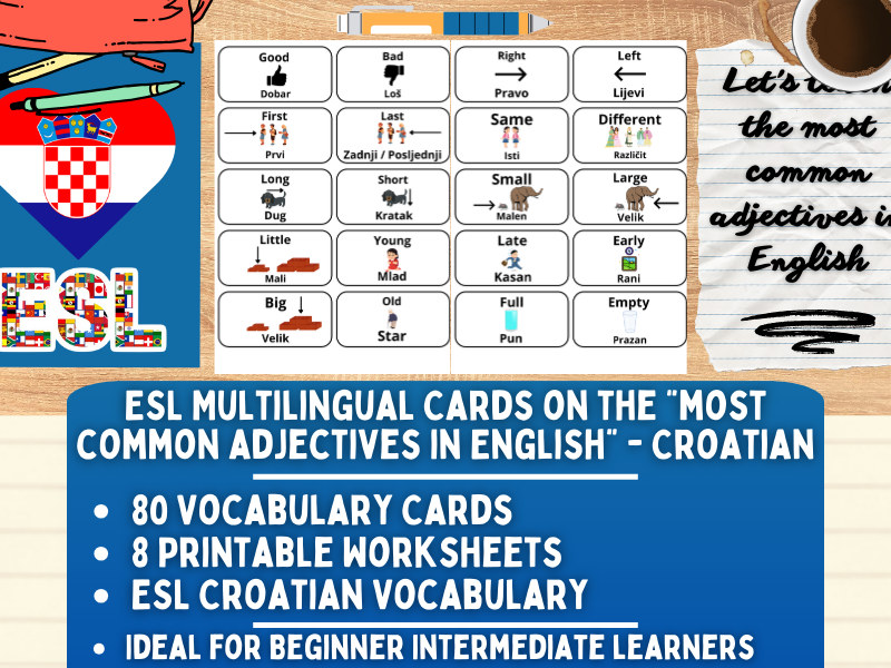 ESL Multilingual Vocabulary Flashcards - Most Common Adjectives - Croatian