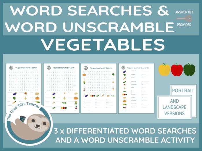 ESL Vegetables Differentiated Word Searches and Word Unscramble