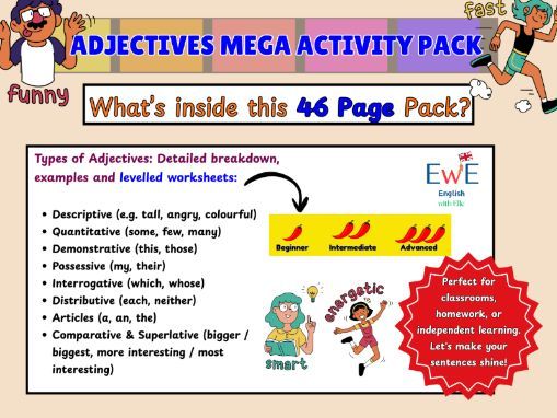 Adjectives MEGA Activity Pack-46 pages Mastery Pack: Worksheets, Challenges, Rules, Games + MORE