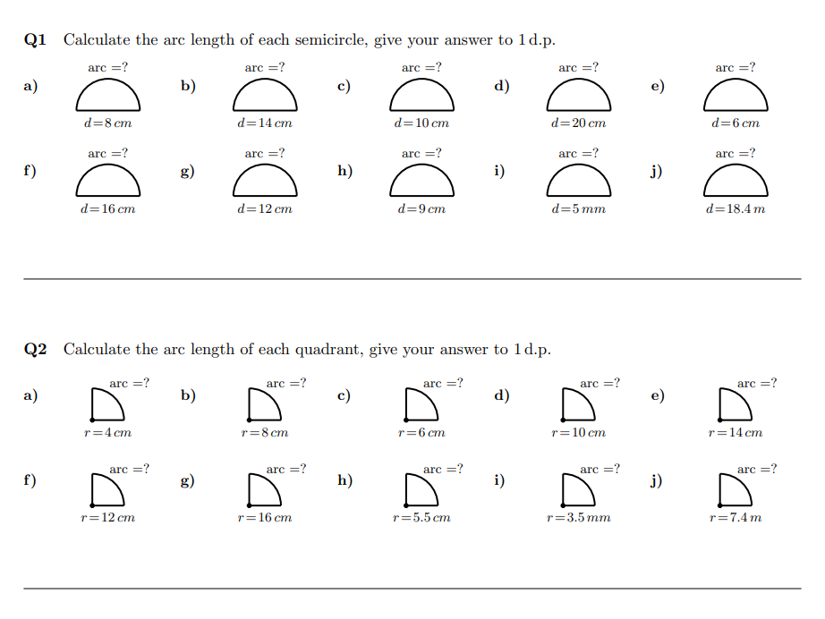 Arc length of Semicircles and Quadrants