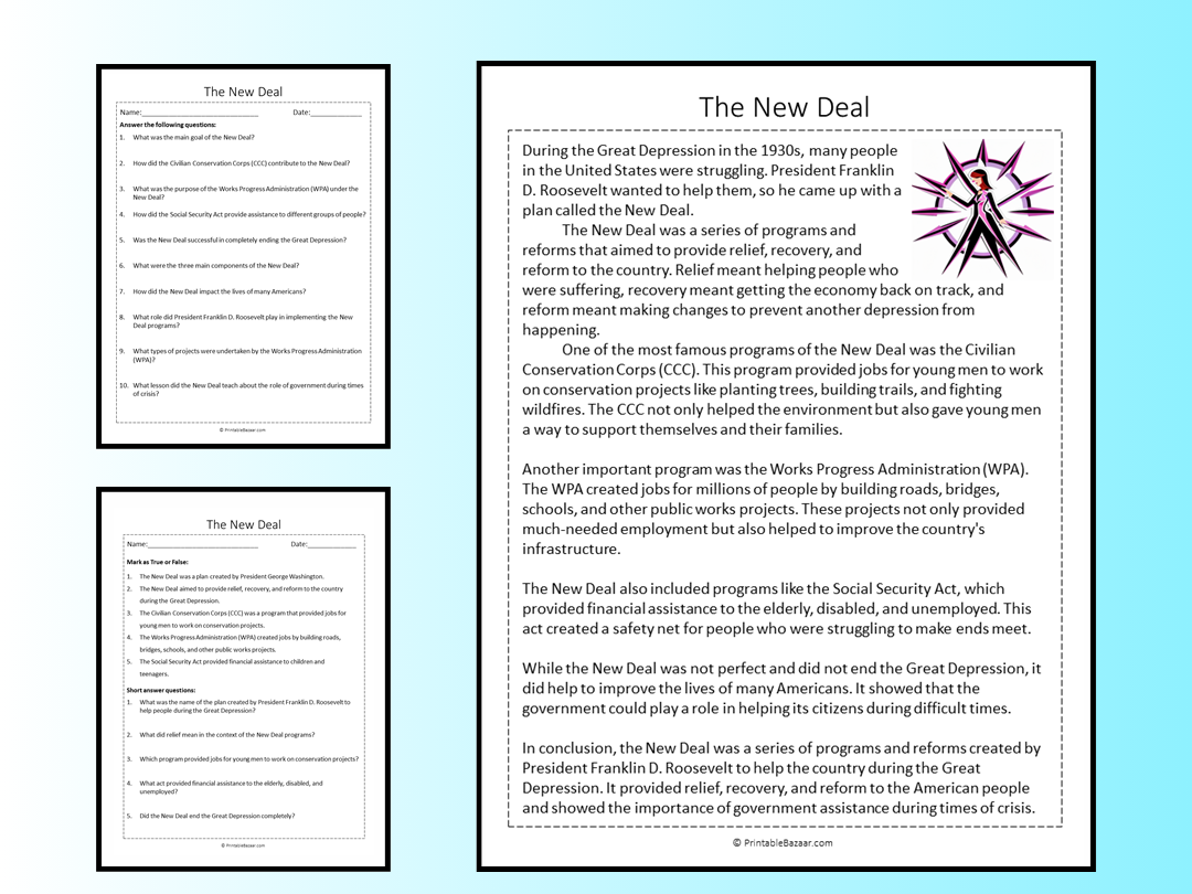 The New Deal Reading Comprehension Passage Printable Worksheet