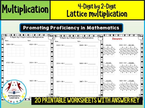 4-Digit by 2-Digit Lattice Multiplication Method Worksheets Math Problems