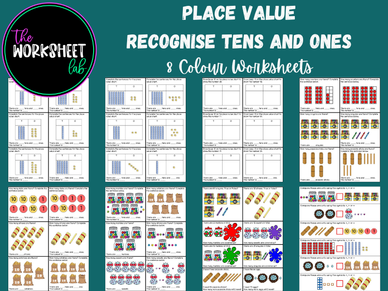 Place Value - Recognise Tens and Ones Worksheets in Colour