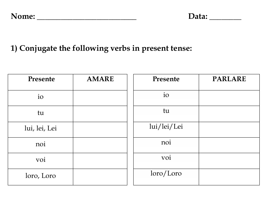 Italian Present Tense  -ARE Regular Verbs Worksheets