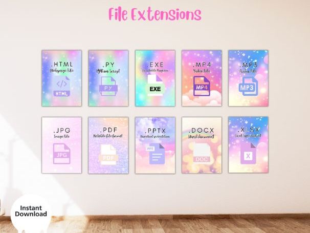 Set of 10 File Extensions Posters (Pink Theme) | Computer Science Classroom Display