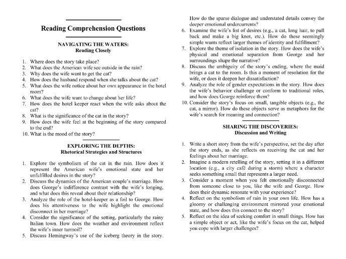 Cat in the Rain by Ernest Hemingway with Reading Comprehension Questions
