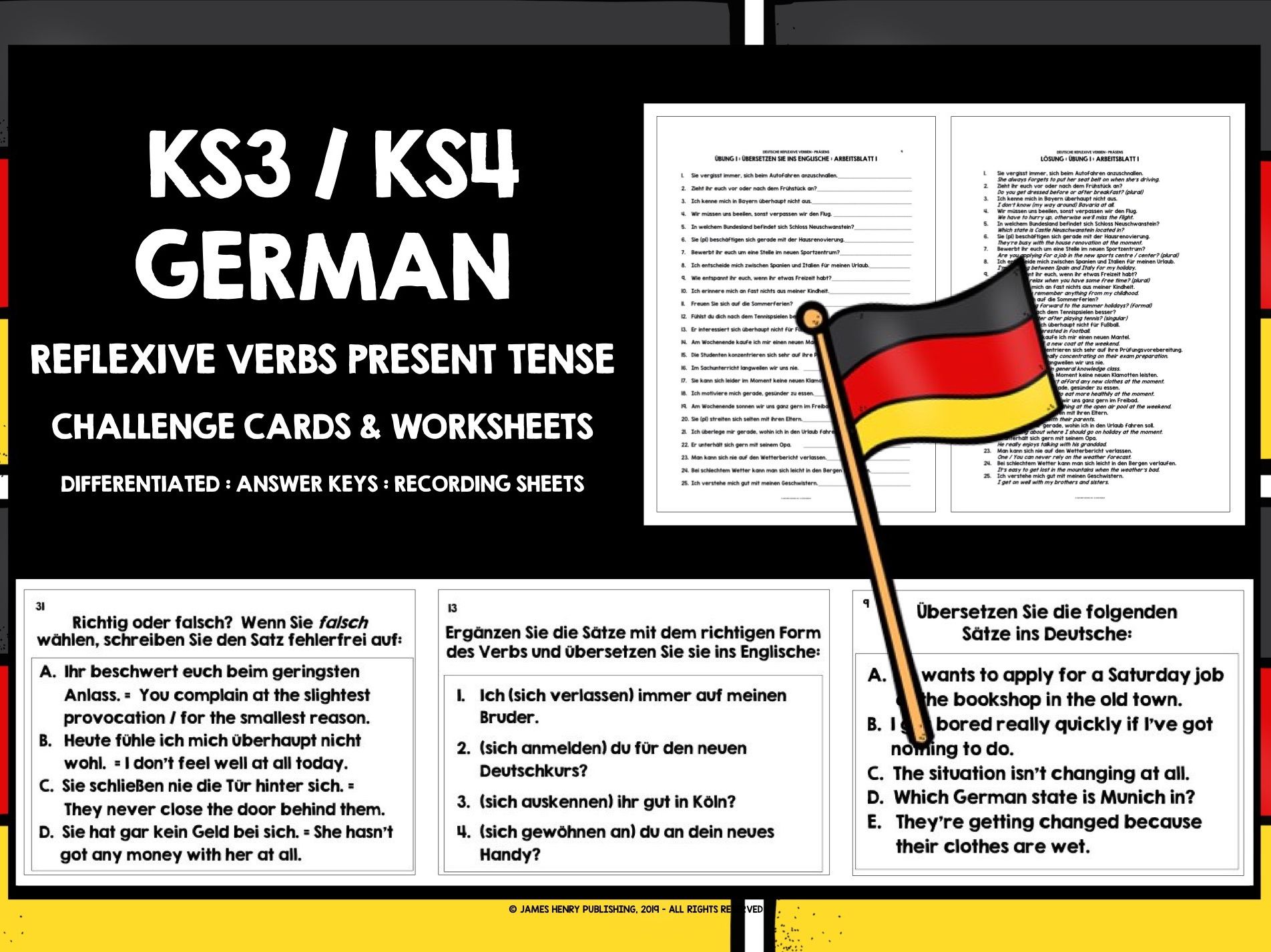 GERMAN REFLEXIVE VERBS PRESENT TENSE CHALLENGE CARDS & WORKSHEETS