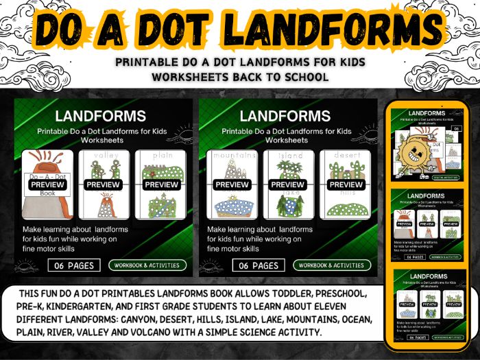 Printable Do a Dot Landforms for Kids Worksheets first day of school