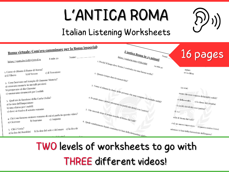 Ancient Rome - L'antica Roma - 3 sets of Italian Listening Worksheets **ITALIANO**
