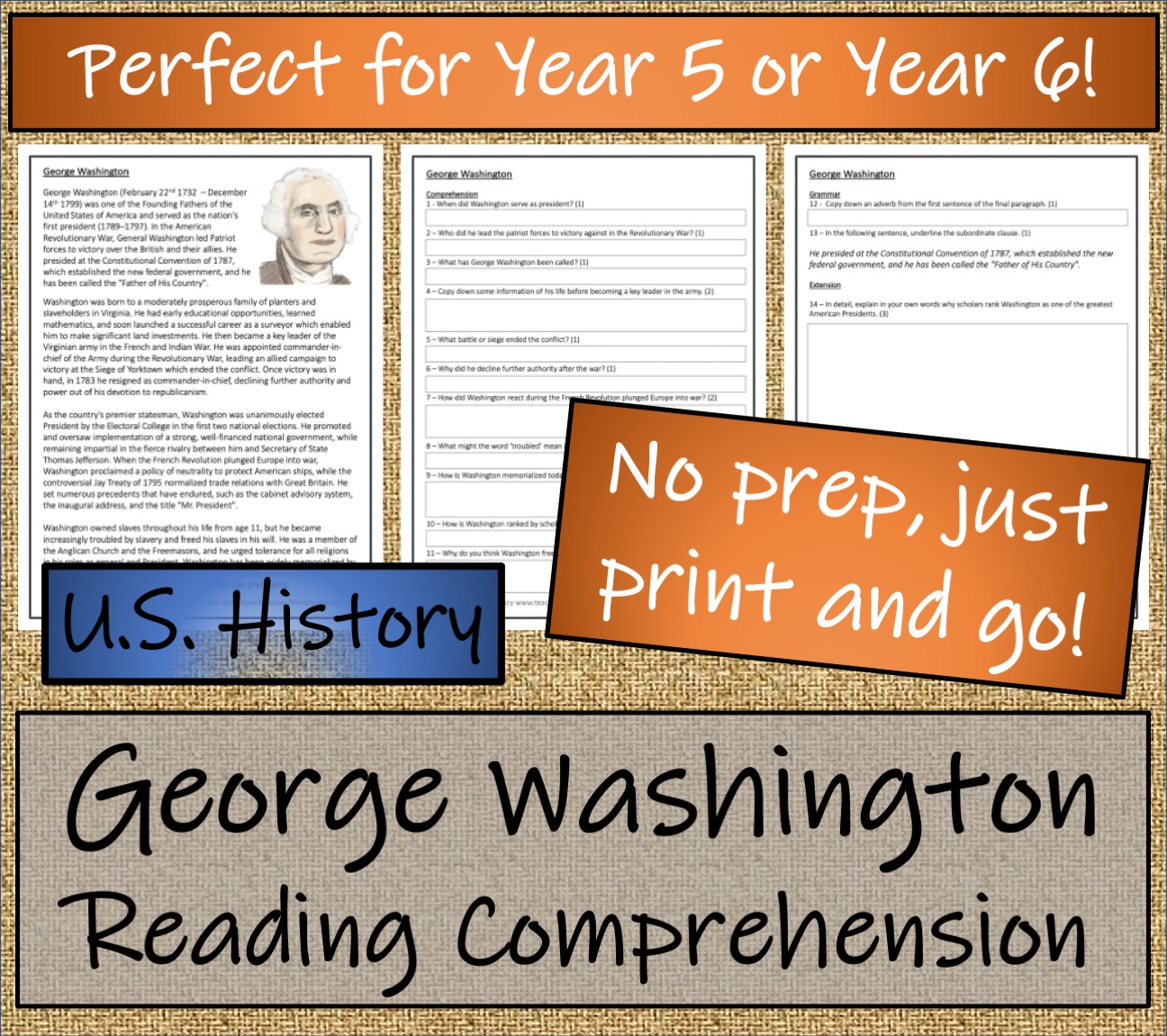 UKS2 George Washington Reading Comprehension Activity Teaching Resources