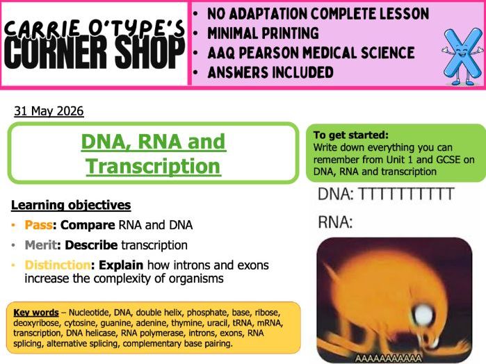 DNA, RNA and Transcription - AAQ Pearson Medical Science