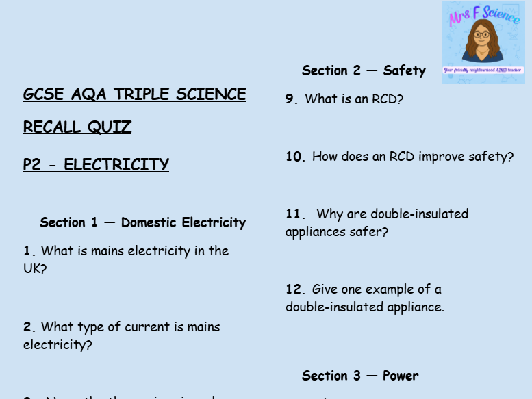 GCSE AQA Triple Physics – Electricity Exam-Style Retrieval