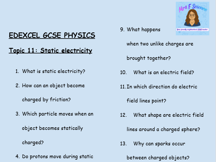 GCSE Edexcel Physics Topic 11: Static Electricity Revision Worksheet
