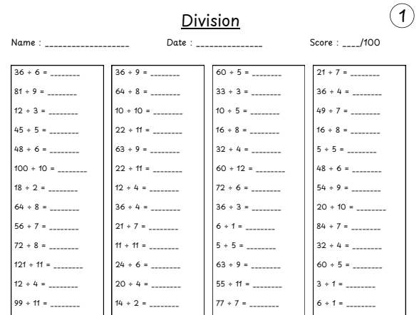 5 x 100 Mixed Division Worksheet