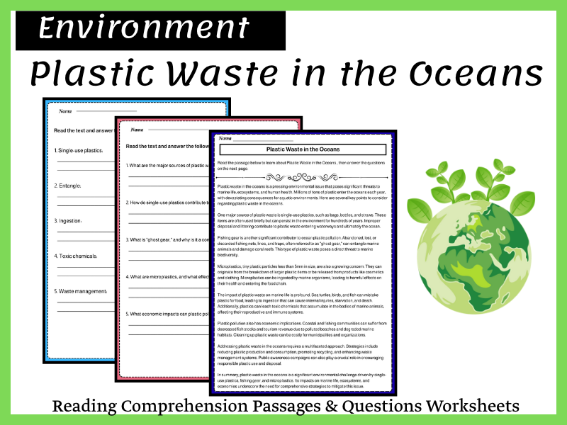 Plastic Waste in the Oceans Reading Comprehension Passages & Questions Worksheets