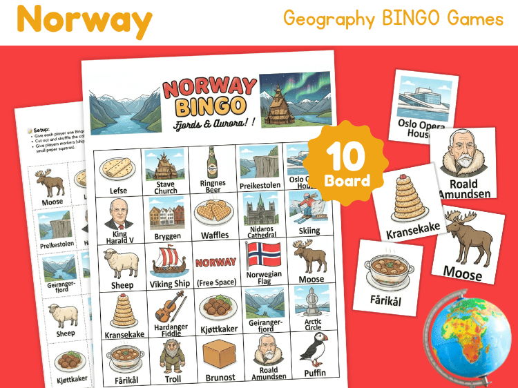 Norway Geography Bingo | Country Study Game & Vocabulary Activity