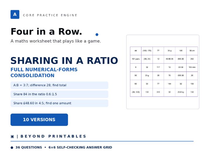 Sharing in a Ratio Four in a Row | Full Numerical-Forms Consolidation | Level 23 | 10 Maths Games