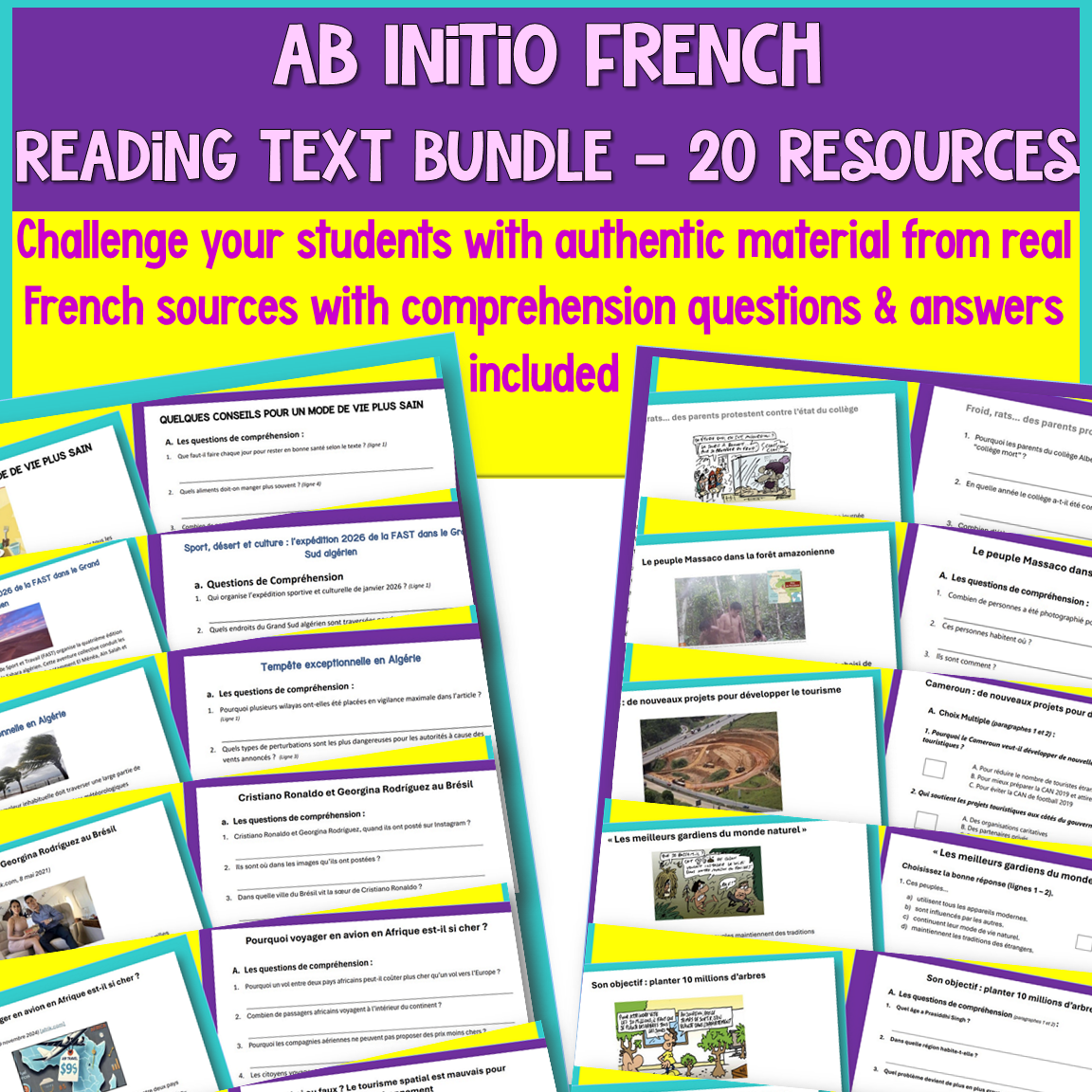 IB French Ab Initio Reading Bank | 20 Texts & Tasks | Exam Prep | 5 themes