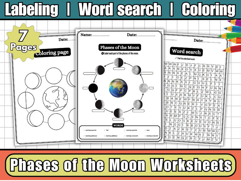 Phases of the Moon Worksheets,Labeling,Diagram,Word Search,Coloring-Space & Earth Science Resource