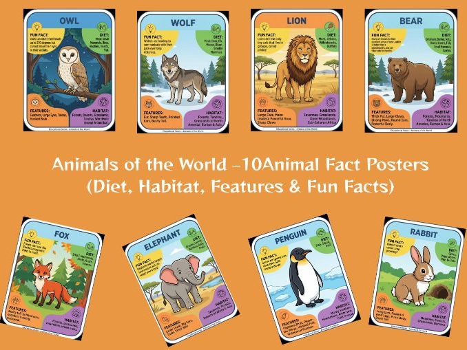 Animals of the World – 10 Animal Fact Posters (Diet, Habitat, Features & Fun Facts)