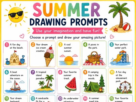 Summer Drawing Prompts | 20 Creative Drawing Ideas | Holiday Club Activity