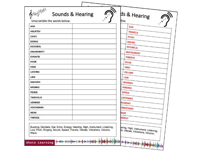 Sounds and Hearing Science Activity - Word Scramble Puzzle Vocabulary