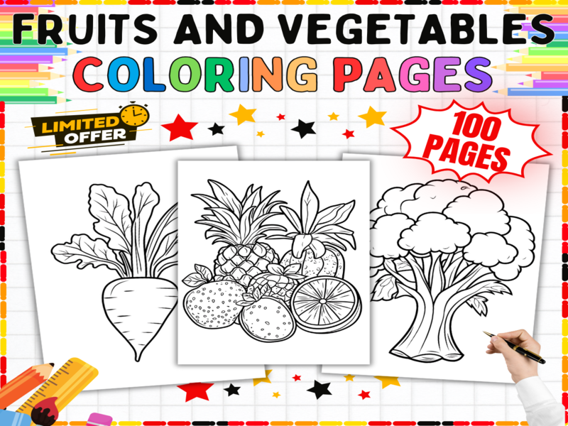 100 Fruits Vegetables Colouring Sheets | Healthy Eating Activities for Young Learners EYFS