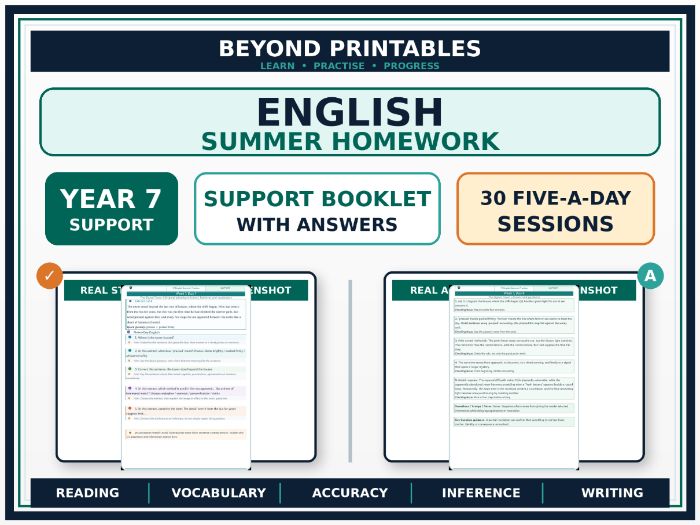 English Summer Homework Booklet Year 7 – Support | 30 Five-a-Day Sessions with Answers