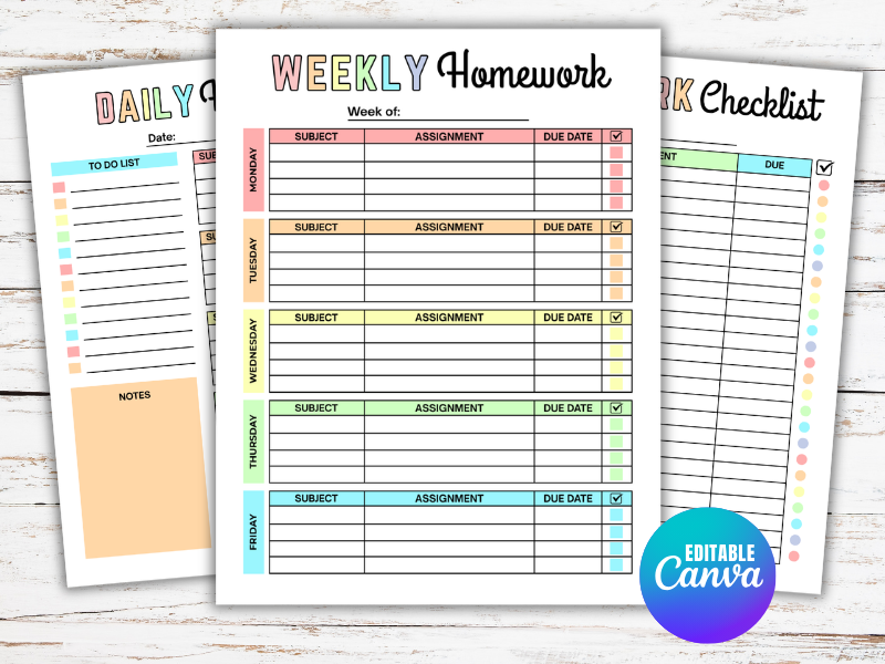 Editable Homework Planner, Student Planner, Assignment Checklist, School Tracker Template