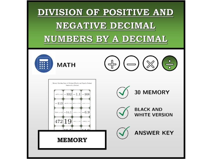 Memory Matching Game | Division of Positive and Negative Decimal Numbers by a Decimal | Math Activit