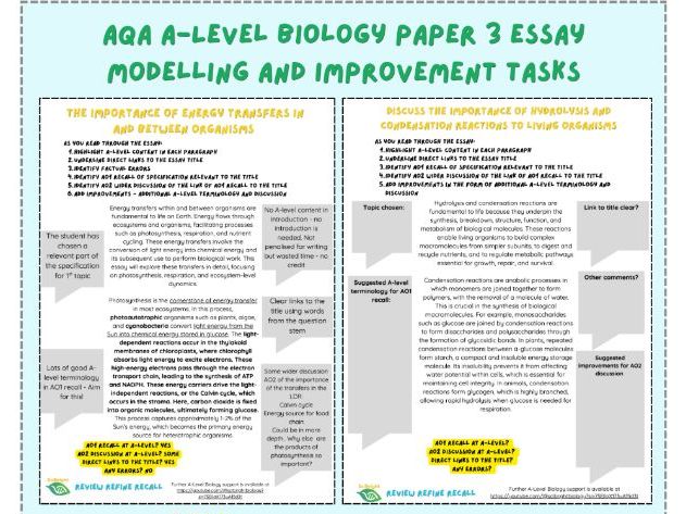 AQA A-Level Biology Paper 3 Essay Modelling and Improvement Tasks
