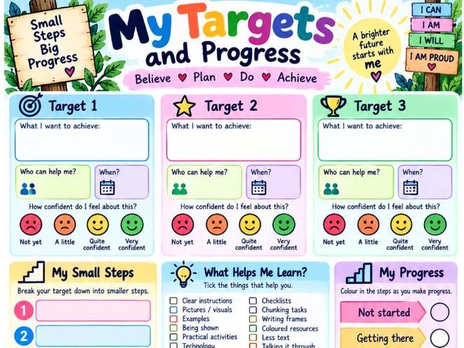 SEND-Friendly Target & Progress Pack | Colourful A4 Printable | Learner Targets & Review