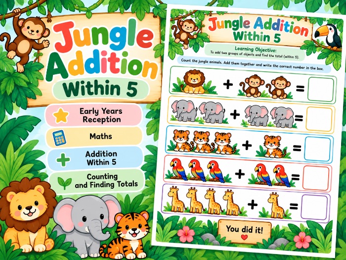 Jungle Addition Within 5 | Early Years & Reception Maths Worksheet