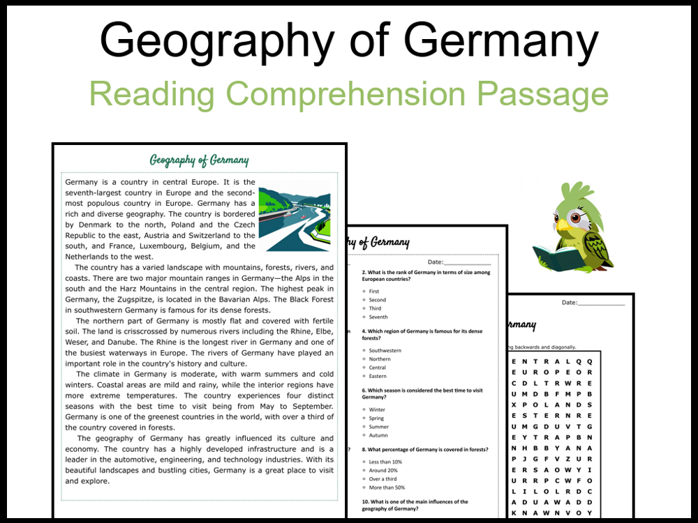 Geography of Germany Reading Comprehension and Word Search | Teaching ...